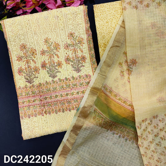 CODE DC242205 : Pastel yellow block printed chikankari embroidered premium cotton unstitched salwar material, panel pattern on front(lining needed)block printed cotton bottom, block printed pure kota cotton dupatta with tissue borders.