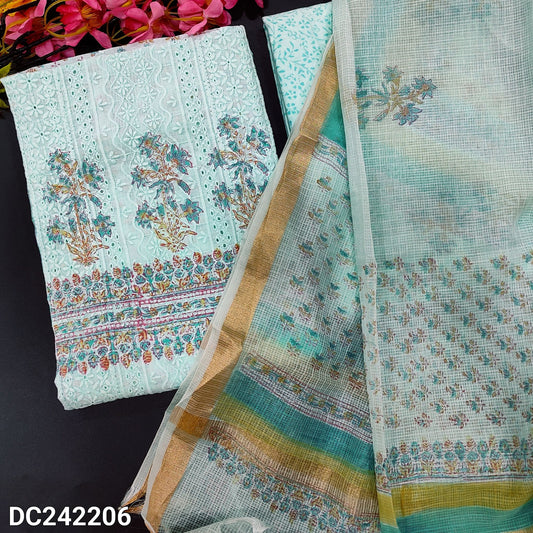 CODE DC242206 : Pastel blue block printed chikankari embroidered premium cotton unstitched salwar material, panel pattern on front(lining needed)block printed cotton bottom, block printed pure kota cotton dupatta with tissue borders.