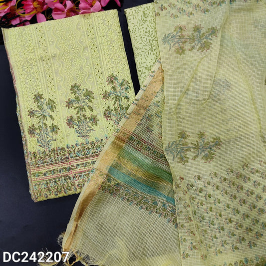 CODE DC242207 : Pastel green block printed chikankari embroidered premium cotton unstitched salwar material, panel pattern on front(lining needed)block printed cotton bottom, block printed pure kota cotton dupatta with tissue borders.