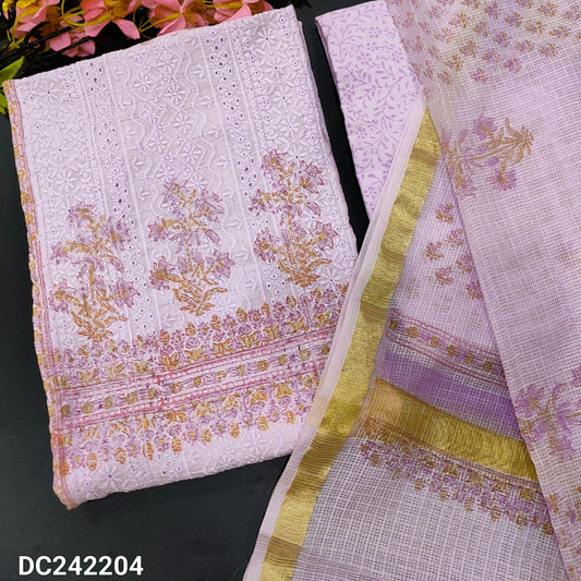 CODE DC242204 : Lavender block printed chikankari embroidered premium cotton unstitched salwar material, panel pattern on front(lining needed)block printed cotton bottom, block printed pure kota cotton dupatta with tissue borders.