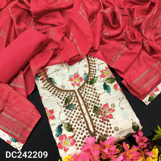 CODE DC242209 : Half white base floral printed semi gicha unstitched salwar material, rich bead work on yoke, self weaving design all over(thin fabric, lining needed)dark pink silk cotton bottom, fancy silk cotton dupatta with zari lines& tapings.