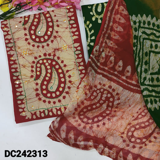 CODE DC242313 : Maroon original wax batik dyed pure cotton unstitched salwar material, thread& faux mirror work on yoke(lining needed)dark green batik dyed cotton bottom, batik dyed multi color pure chiffon dupatta.