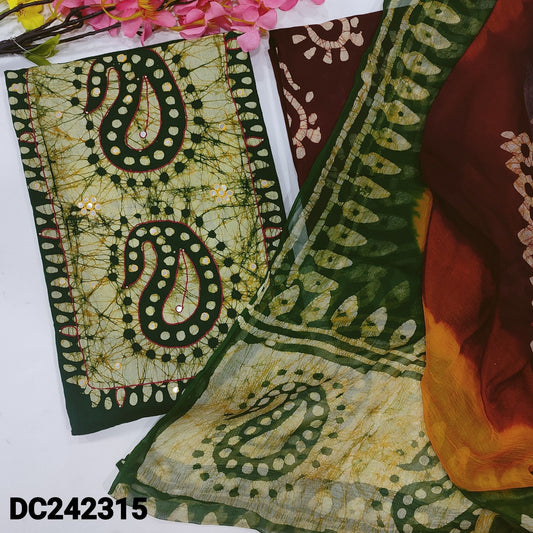 CODE DC242315 : Bottle green original wax batik dyed pure cotton unstitched salwar material, thread& faux mirror work on yoke(lining needed)dark maroon batik dyed cotton bottom, batik dyed multi color pure chiffon dupatta.