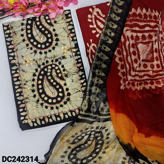 CODE DC242314 : Black original wax batik dyed pure cotton unstitched salwar material, thread& faux mirror work on yoke(lining needed)reddish maroon batik dyed cotton bottom, batik dyed multi color pure chiffon dupatta.