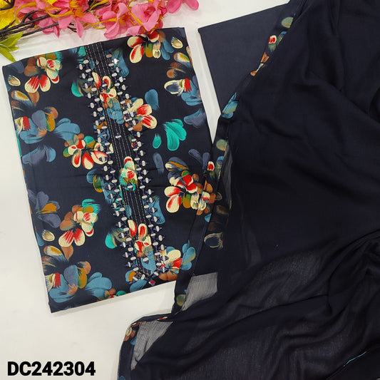 CODE DC242304 : Dark blue floral printed satin cotton unstitched salwar material, zari& real mirror work on yoke(lining optional)matching cotton bottom, plain chiffon dupatta with printed tapings.