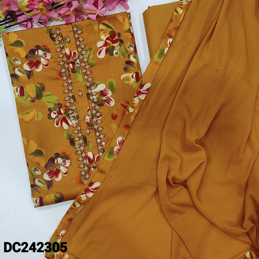 CODE DC242305 : Dark mehandhi yellow floral printed satin cotton unstitched salwar material, zari& real mirror work on yoke(lining optional)matching cotton bottom, plain chiffon dupatta with printed tapings.