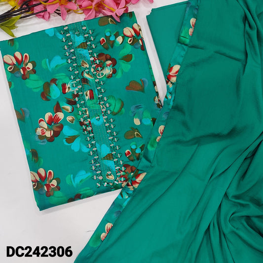 CODE DC242306 : Bright turquoise green floral printed satin cotton unstitched salwar material, zari& real mirror work on yoke(lining optional)matching cotton bottom, plain chiffon dupatta with printed tapings.