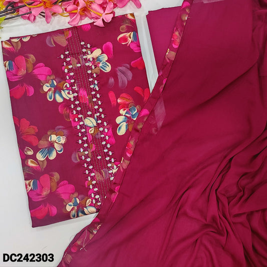 CODE DC242303 : Dark beetroot purple floral printed satin cotton unstitched salwar material, zari& real mirror work on yoke(lining optional)matching cotton bottom, plain chiffon dupatta with printed tapings.