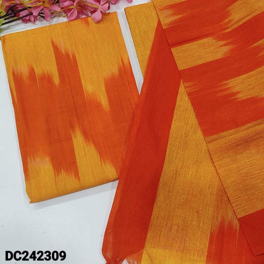 CODE DC242309 : Yellow& light orange dual shaded south handloom cotton unstitched salwar material, ikat design all over(lining needed)matching south handloom cotton bottom, south handloom cotton dupatta with ikat woven design.