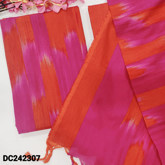 CODE DC242307 : Orange& pink dual shaded south handloom cotton unstitched salwar material, ikat design all over(lining needed)matching south handloom cotton bottom, south handloom cotton dupatta with ikat woven design.