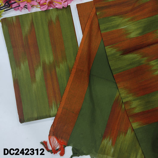 CODE DC242312 : Green &honey brown dual shaded south handloom cotton unstitched salwar material, ikat design all over(lining needed)brown south handloom cotton bottom, south handloom cotton dupatta with ikat woven design.