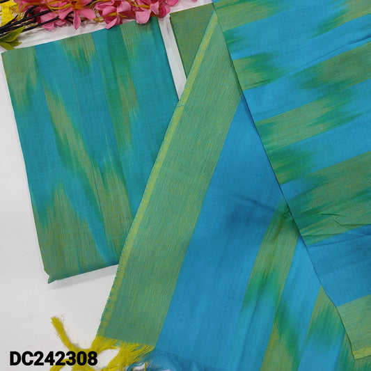 CODE DC242308 : Light blue& light green dual shaded south handloom cotton unstitched salwar material, ikat design all over(lining needed)matching south handloom cotton bottom, south handloom cotton dupatta with ikat woven design.