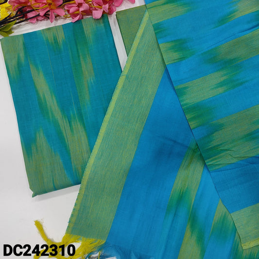 CODE DC242310 : Dark turquoise blue& pastel green dual shaded south handloom cotton unstitched salwar material, ikat design all over(lining needed)matching south handloom cotton bottom, south handloom cotton dupatta with ikat woven design.