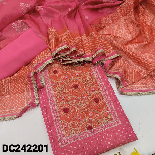 CODE DC242201 : Pink bandhini printed crinkled tissue silk cotton unstitched salwar material, zardozi& real mirror work on yoke(thin fabric, lining needed)matching santoon bottom, dual shaded crinkled tissue silk cotton dupatta.