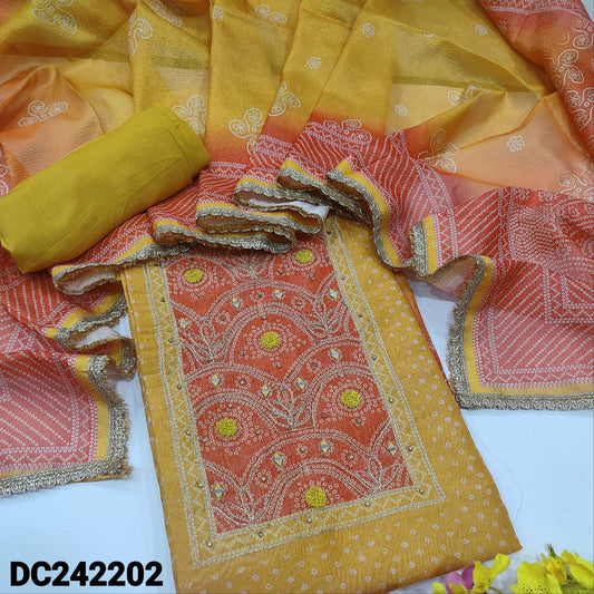 CODE DC242202 : Mehandhi yellow bandhini printed crinkled tissue silk cotton unstitched salwar material, zardozi& real mirror work on yoke(thin fabric, lining needed)matching santoon bottom, dual shaded crinkled tissue silk cotton dupatta.