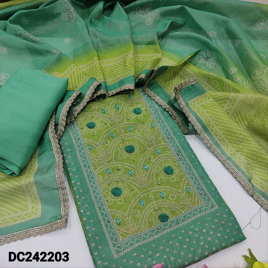 CODE DC242203 : Light turquoise green bandhini printed crinkled tissue silk cotton unstitched salwar material, zardozi& real mirror work on yoke(thin fabric, lining needed)matching santoon bottom, dual shaded crinkled tissue silk cotton dupatta.