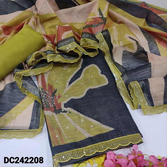 CODE DC242208 : Dark grey base premium tissue silk cotton unstitched salwar material, sequins& bead work on front(thin fabric, lining needed)lace work on daman, light mehandhi green bottom, abstract printed tissue silk cotton dupatta.