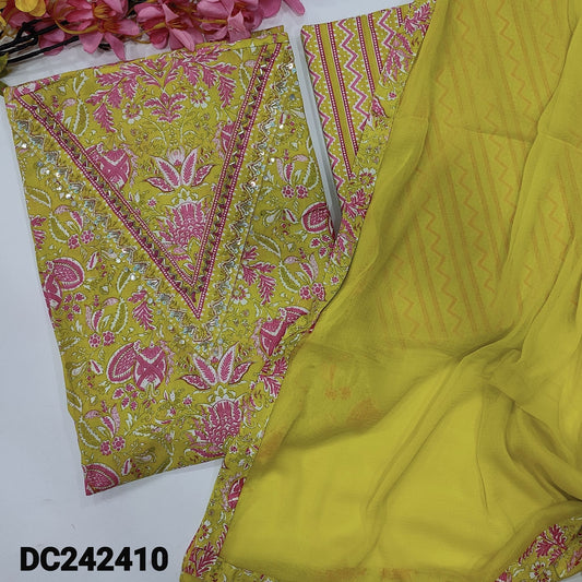 CODE DC242410 : Mehandhi yellow printed pure cotton unstitched salwar material, v neck with bead& sequins work(lining optional)striped cotton bottom, plain chiffon dupatta with printed tapings.