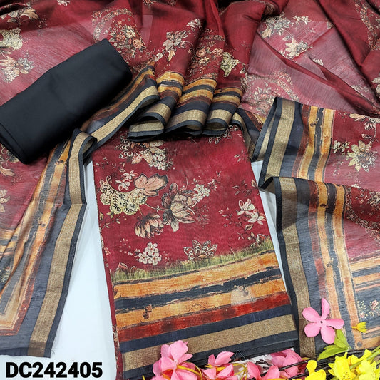 CODE DC242405 : Dark pinkish maroon digital printed premium silk cotton unstitched salwar material, black spun cotton bottom, floral printed premium silk cotton dupatta with tissue border& printed pallu.