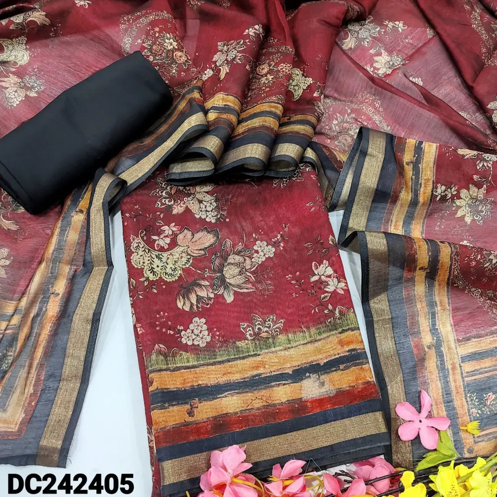 CODE DC242405: Dark pinkish maroon digital printed premium silk cotton unstitched salwar material black spun cotton