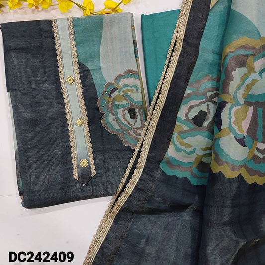 CODE DC242409 : Multi color abstract printed tissue silk cotton unstitched salwar material, lace& fancy buttons on yoke, zari work on front(thin, lining needed)teal green santoon bottom, abstract printed tissue silk cotton dupatta with lace tapings.