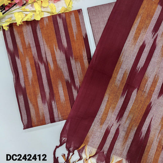 CODE DC242412 : Multi color south handloom cotton unstitched salwar material, ikat design all over(lining needed)light mauve south handloom cotton bottom, south handloom cotton dupatta with ikat woven design.