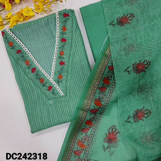 CODE DC242318 : Turquoise green kantha silk cotton unstitched salwar material, v neck with embroidered& bead work(lining needed)matching fabric provided for lining, NO BOTTOM, digital printed slub silk cotton dupatta with zari borders.