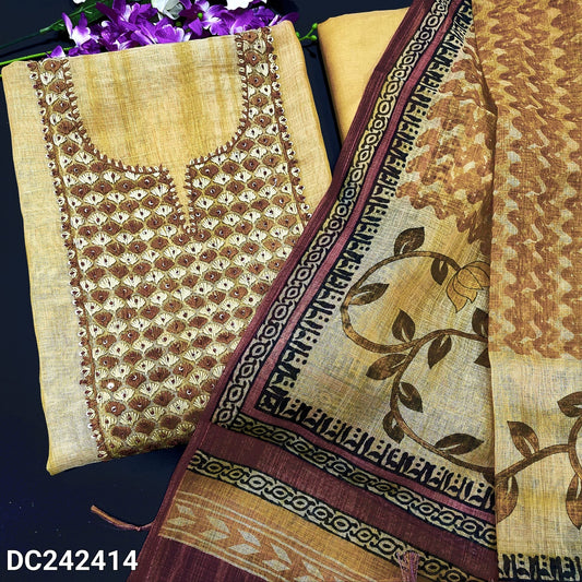 CODE DC242414 : Rich beige& sandal yellow dual shaded designer tissue linen unstitched salwar material, hand embroidered on yoke(thin fabric, lining needed)matching santoon bottom, printed tissue linen dupatta with tassels.