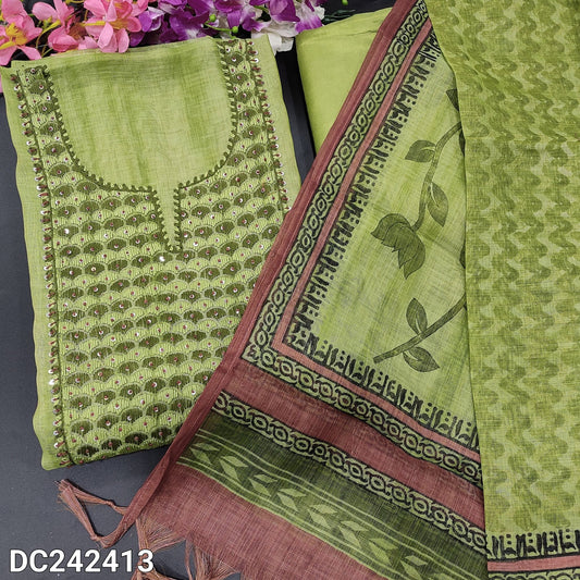 CODE DC242413 : Pastel green designer tissue linen unstitched salwar material, hand embroidered on yoke(thin fabric, lining needed)matching santoon bottom, printed tissue linen dupatta with tassels.