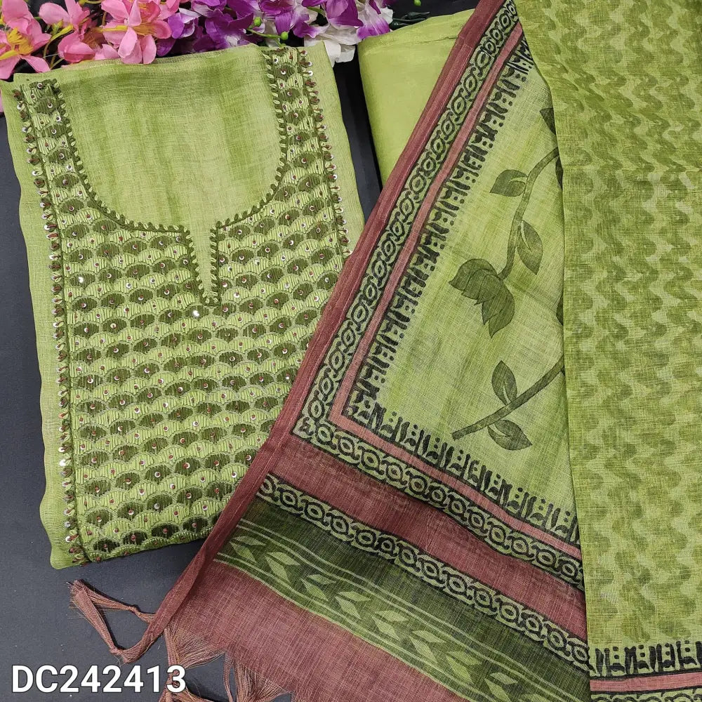pastel green embroidered salwar material with a contrasting maroon border