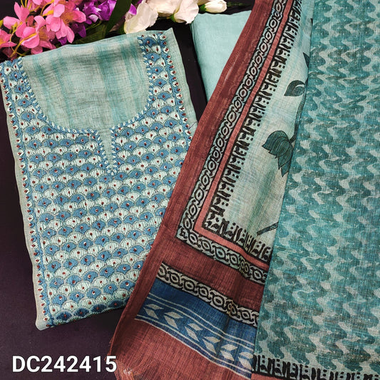 CODE DC242415 : Pastel blue designer tissue linen unstitched salwar material, hand embroidered on yoke(thin fabric, lining needed)matching santoon bottom, printed tissue linen dupatta with tassels.