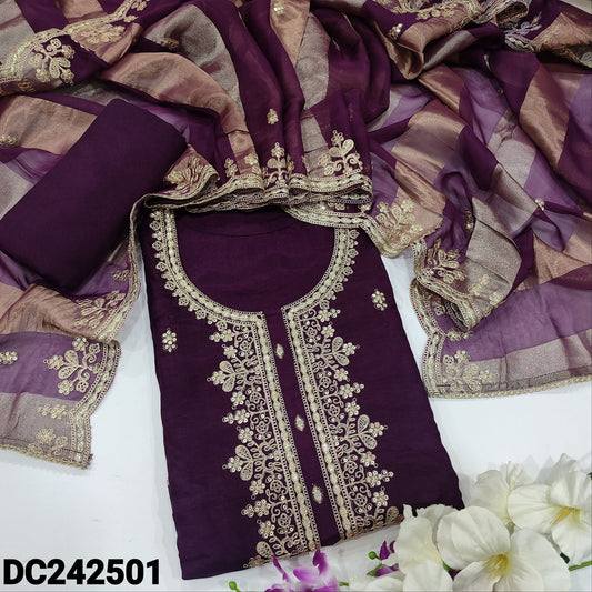 CODE DC242501 : Deep wine purple designer pure dola silk unstitched salwar material, zari& sequins work on yoke &front(shiny fabric, lining needed)matching santoon bottom, tissue organza dupatta with zari& sequins work.