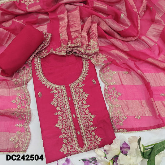 CODE DC242504 : Bright pink designer pure dola silk unstitched salwar material, zari& sequins work on yoke &front(shiny fabric, lining needed)matching santoon bottom, tissue organza dupatta with zari& sequins work.