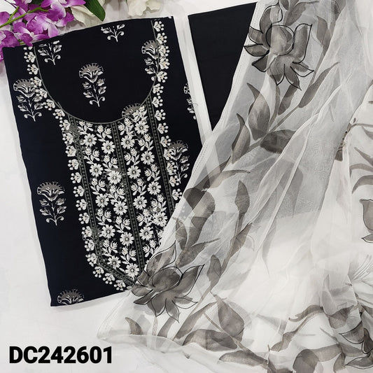 CODE DC242601 : Black base printed soft cotton unstitched salwar material, embroidered on yoke(lining optional)matching cotton bottom, block printed fancy chiffon dupatta.