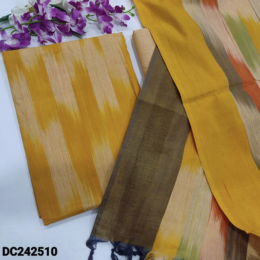 CODE DC242510 : Light &dark shaded pastel yellow south handloom cotton unstitched salwar material, ikat design all over(lining needed)matching south handloom cotton bottom, south handloom cotton dupatta with ikat woven design.