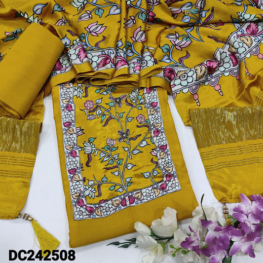 CODE DC242508 : Bright mehandhi yellow dola silk unstitched salwar material, digital printed gajji silk yoke with zari work(shiny fabric, lining needed)matching santoon bottom, digital printed pure gajji silk short width dupatta with gold tissue pallu.