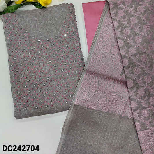 CODE DC242704 : Grey with silver tint tissue silk cotton unstitched salwar material, thread& faux mirror work on yoke(thin fabric, lining needed)pink silk cotton bottom, banarasi zari woven tissue silk cotton dupatta with rich pallu.