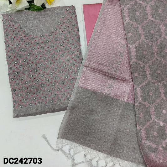 CODE DC242703 : Grey with silver tint tissue silk cotton unstitched salwar material, thread& faux mirror work on yoke(thin fabric, lining needed)pink silk cotton bottom, banarasi zari woven tissue silk cotton dupatta with rich pallu.