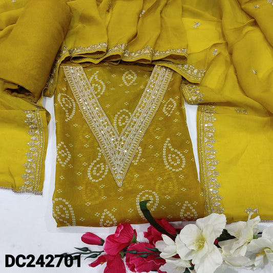 CODE DC242701 : Mehandhi yellow bandhini printed pure organza unstitched salwar material, v neck with zari& sequins work(thin fabric, lining needed)matching santoon bottom, pure organza short width dupatta with zari &sequins work.