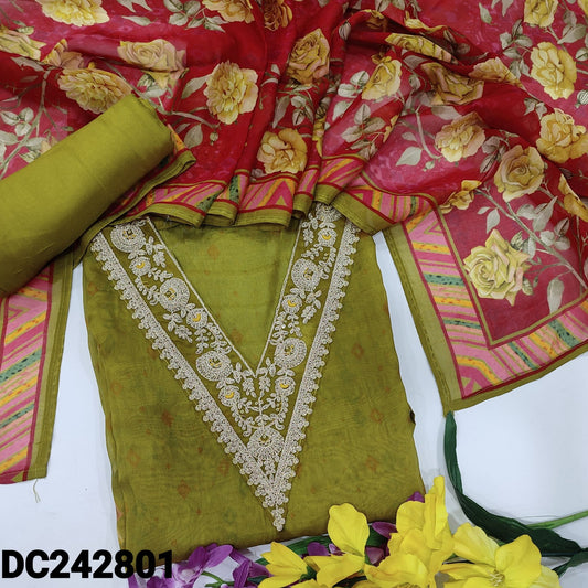 CODE DC242801 : Mossy green designer printed pure organza semi stitched salwar material, v neck with thread& sequins work(lining needed)matching santoon bottom, floral printed short width pure organza dupatta.