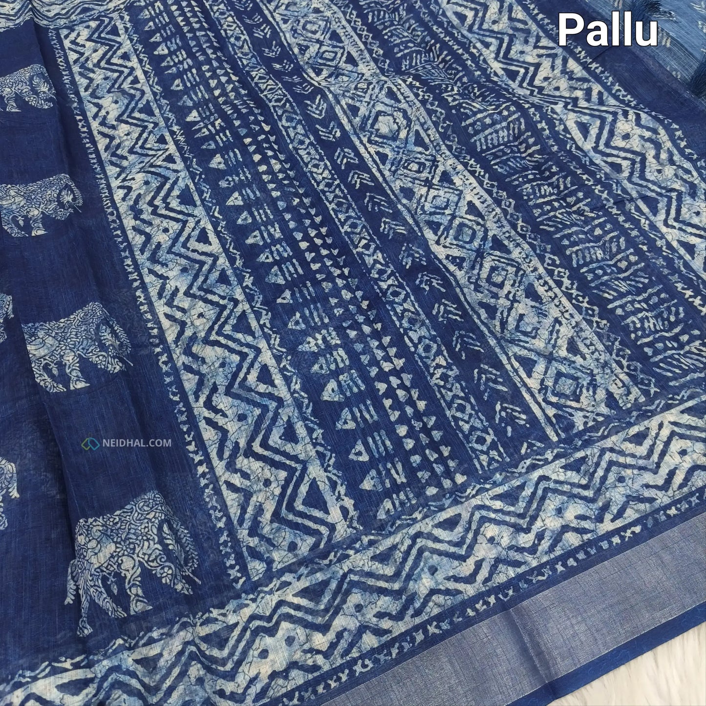 Indigo Blue Elephant Print Semi Linen Saree - Lightweight & Stylish
