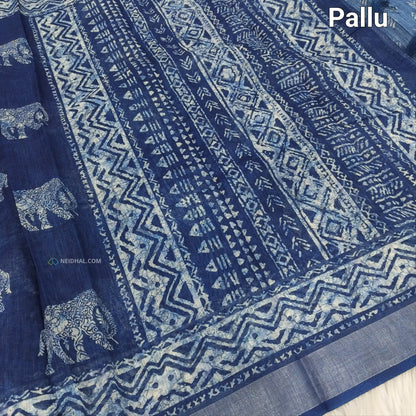 Indigo Blue Elephant Print Semi Linen Saree - Lightweight & Stylish