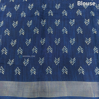 Indigo Blue Elephant Print Semi Linen Saree - Lightweight & Stylish