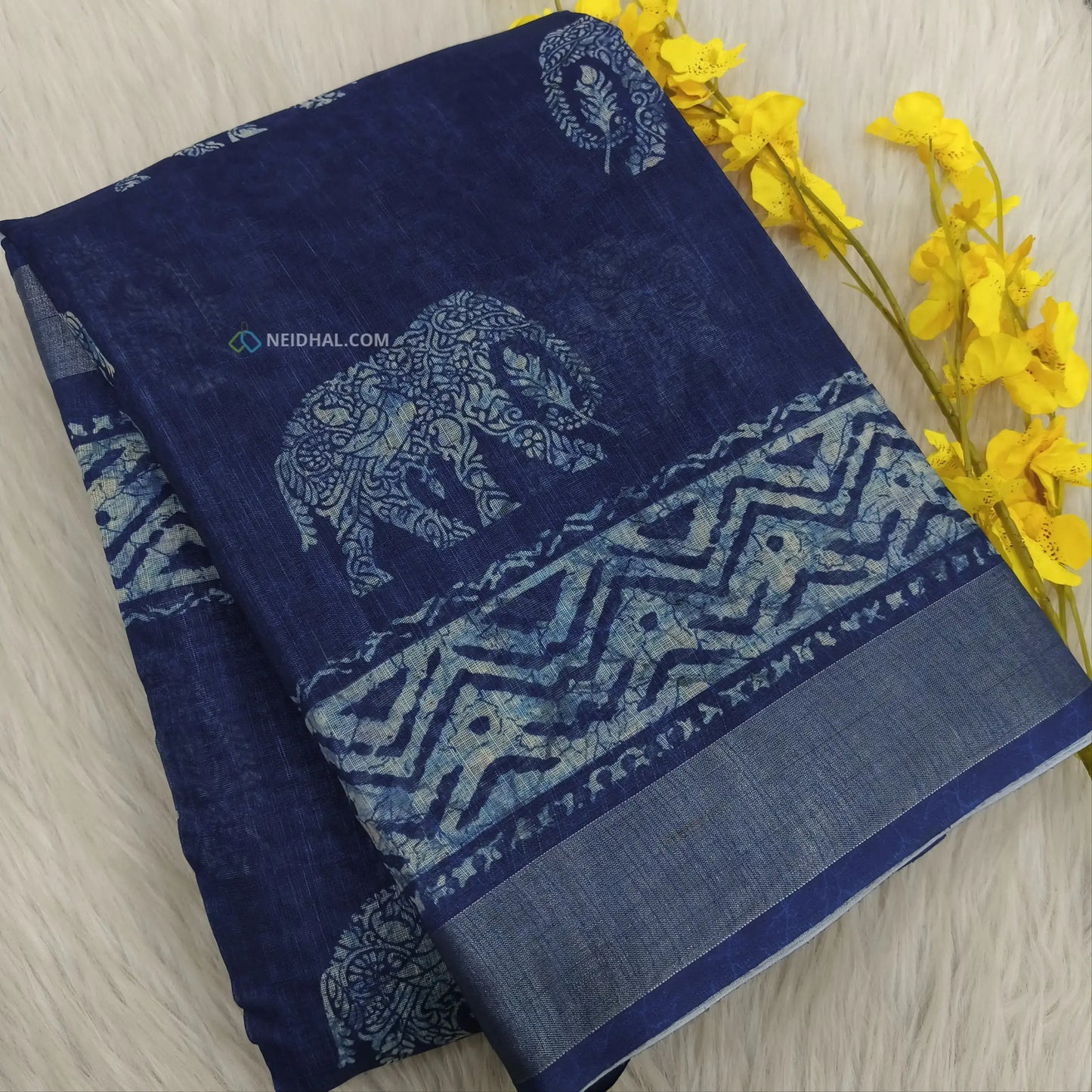 Indigo Blue Elephant Print Semi Linen Saree - Lightweight & Stylish