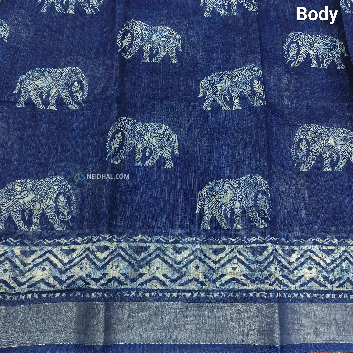 Indigo Blue Elephant Print Semi Linen Saree - Lightweight & Stylish