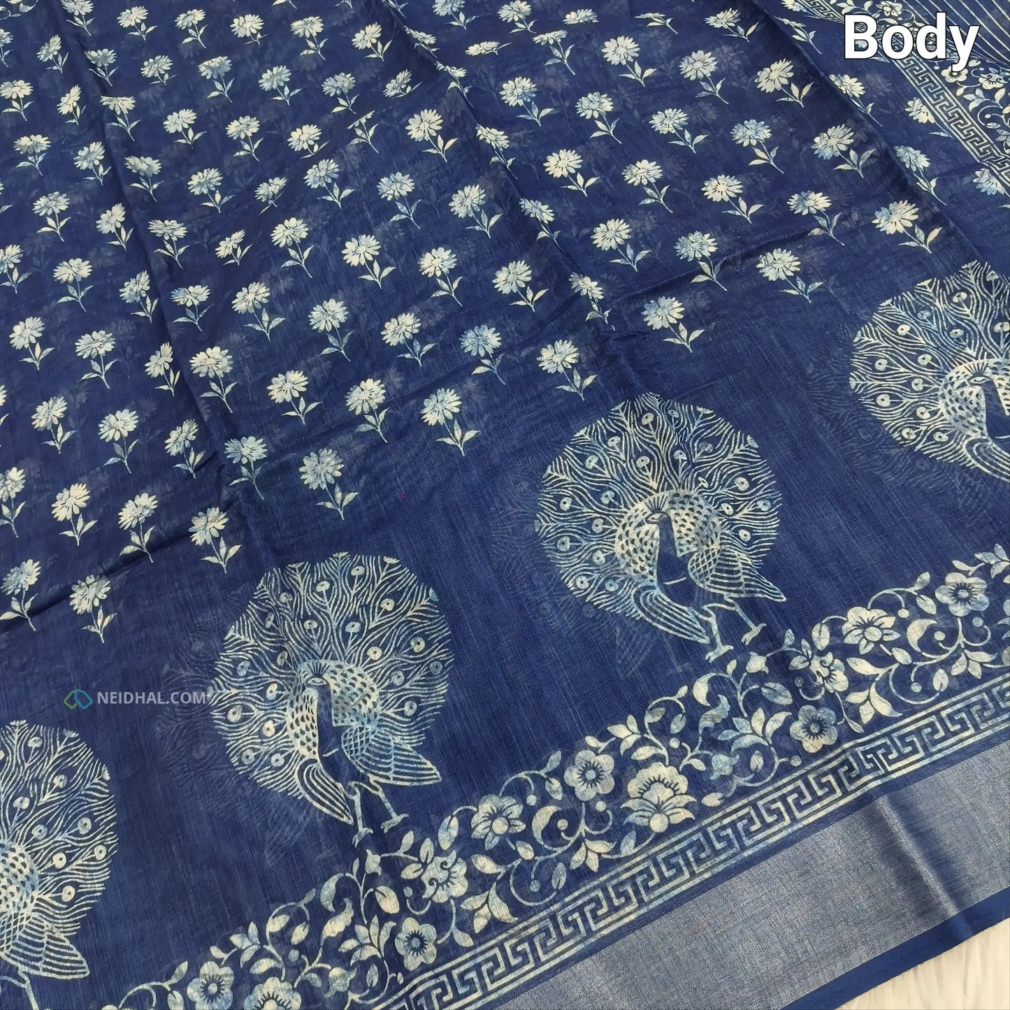 Indigo Blue Peacock Print Semi Linen Saree - Lightweight & Elegant