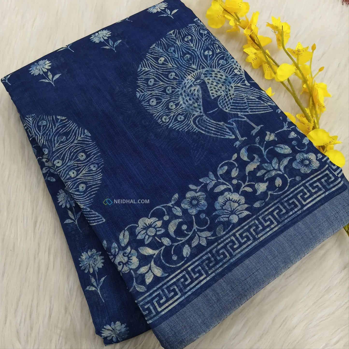 Indigo Blue Peacock Print Semi Linen Saree - Lightweight & Elegant