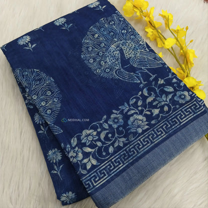 Indigo Blue Peacock Print Semi Linen Saree - Lightweight & Elegant