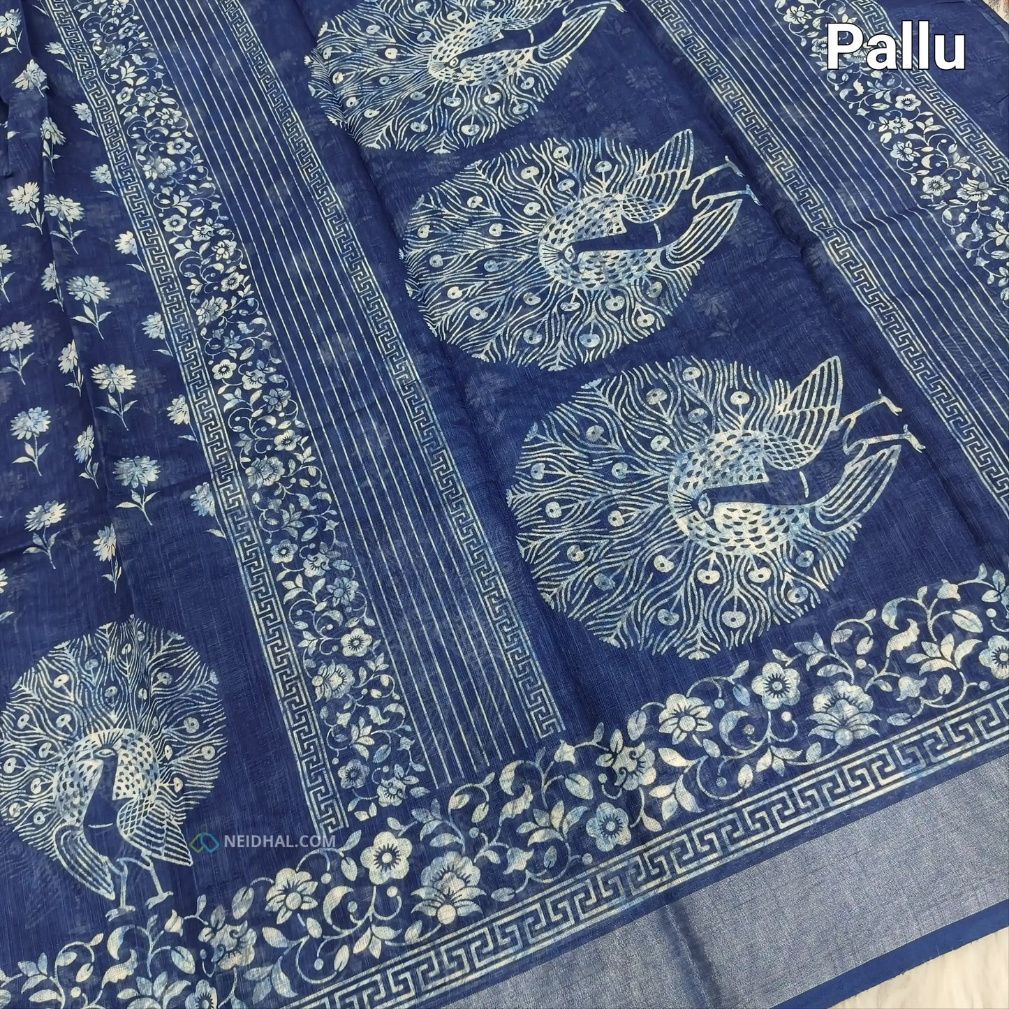 Indigo Blue Peacock Print Semi Linen Saree - Lightweight & Elegant