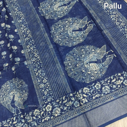 Indigo Blue Peacock Print Semi Linen Saree - Lightweight & Elegant